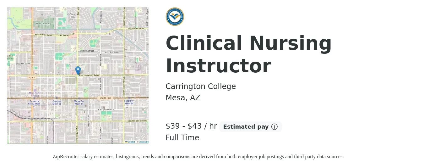 Carrington College job posting for a Clinical Nursing Instructor in Mesa, AZ with a salary of $34 to $46 Hourly with a map of Mesa location.