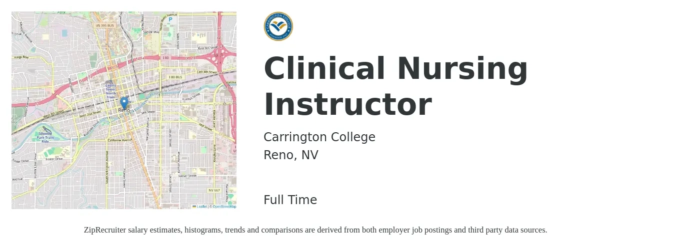Carrington College job posting for a Clinical Nursing Instructor in Reno, NV with a salary of $47 to $50 Hourly with a map of Reno location.