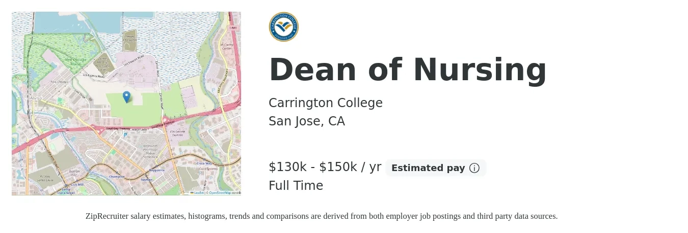 Carrington College job posting for a Dean of Nursing in San Jose, CA with a salary of $130,000 to $150,000 Yearly with a map of San Jose location.