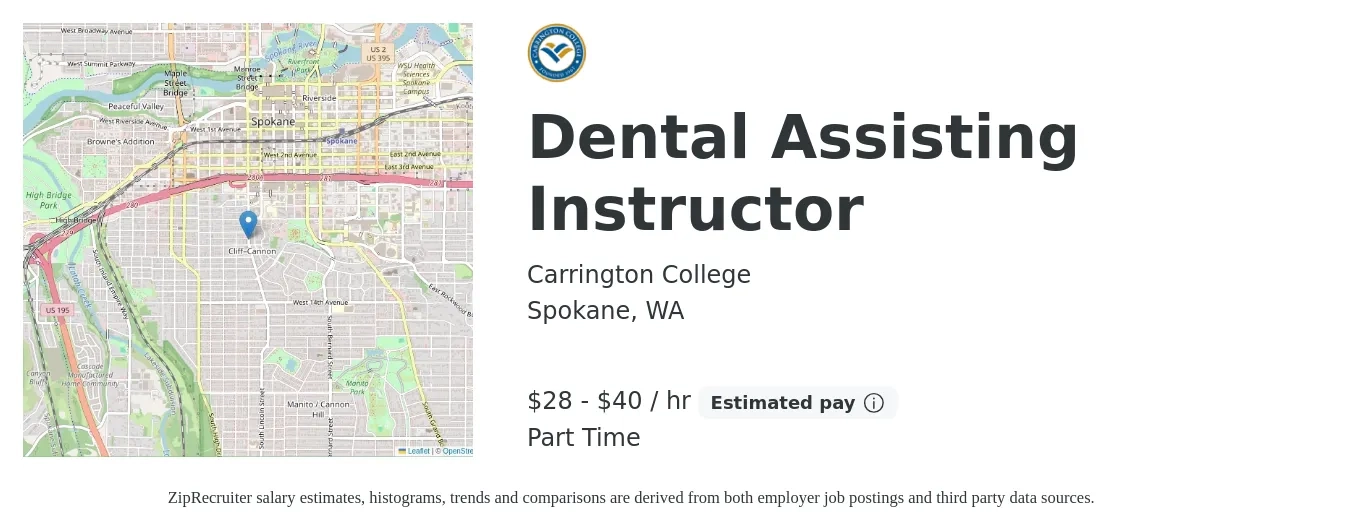 Carrington College job posting for a Dental Assisting Instructor in Spokane, WA with a salary of $30 to $42 Hourly with a map of Spokane location.
