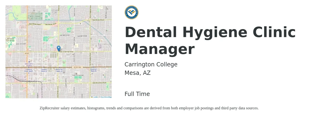 Carrington College job posting for a Dental Hygiene Clinic Manager in Mesa, AZ with a salary of $33 to $43 Hourly with a map of Mesa location.