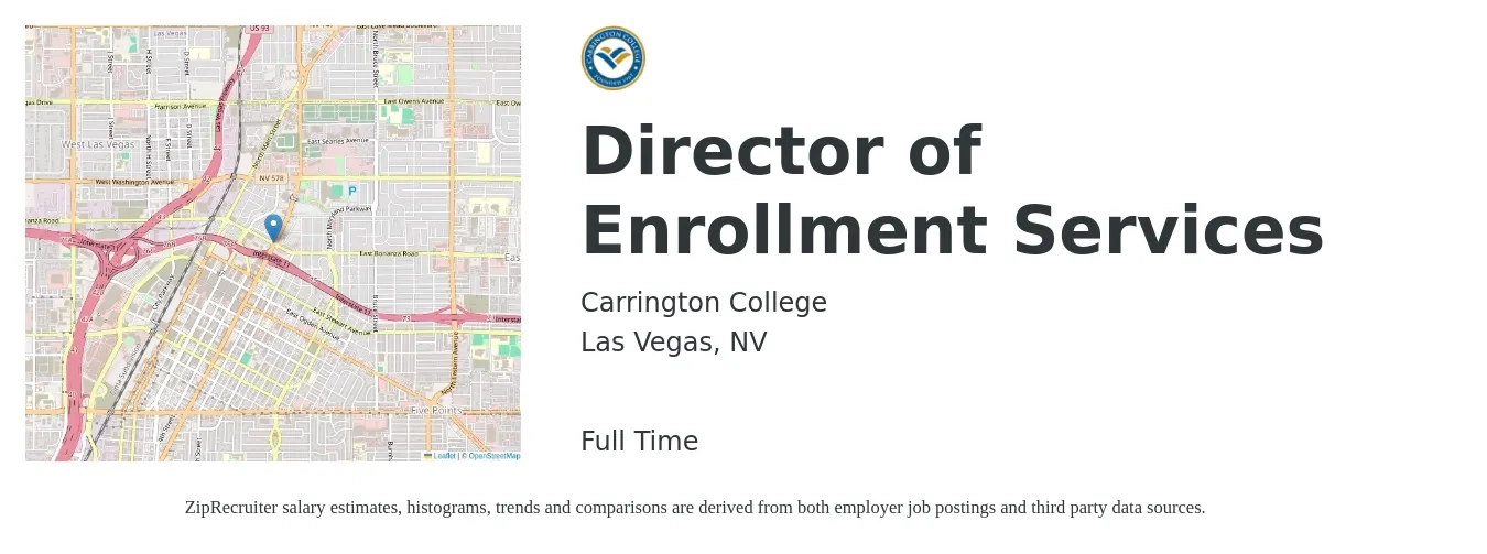 Carrington College job posting for a Director of Enrollment Services in Las Vegas, NV with a salary of $54,000 to $94,300 Yearly with a map of Las Vegas location.