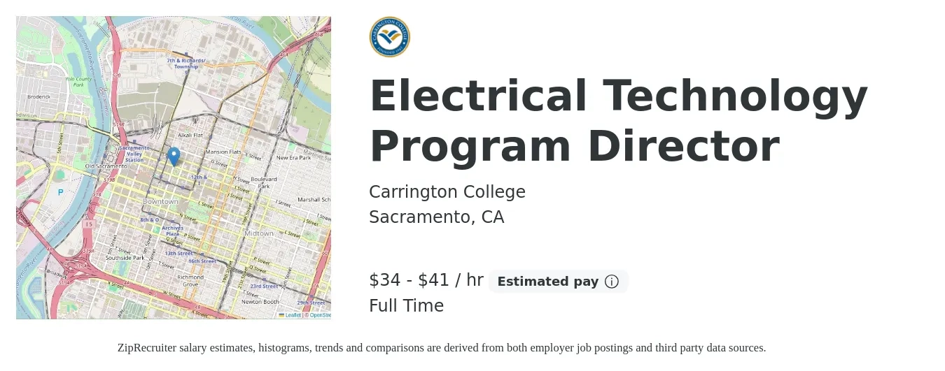 Carrington College job posting for a Electrical Technology Program Director in Sacramento, CA with a salary of $75,000 to $90,000 Yearly with a map of Sacramento location.