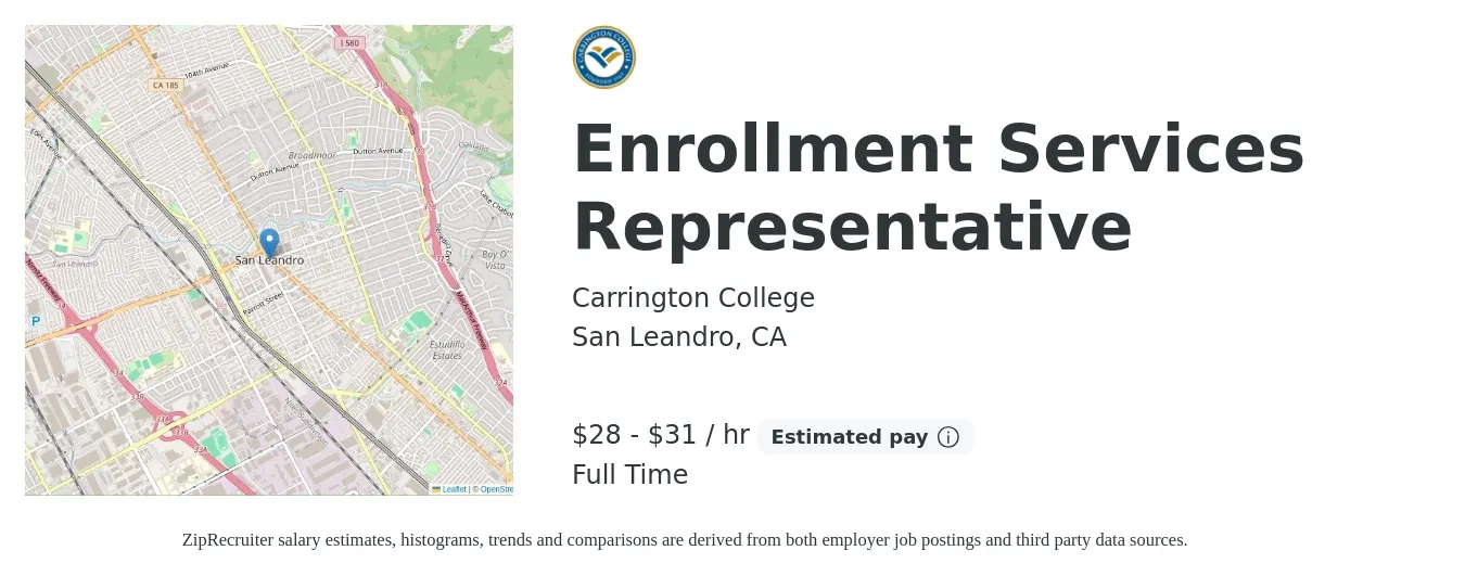 Carrington College job posting for a Enrollment Services Representative in San Leandro, CA with a salary of $30 to $33 Hourly with a map of San Leandro location.