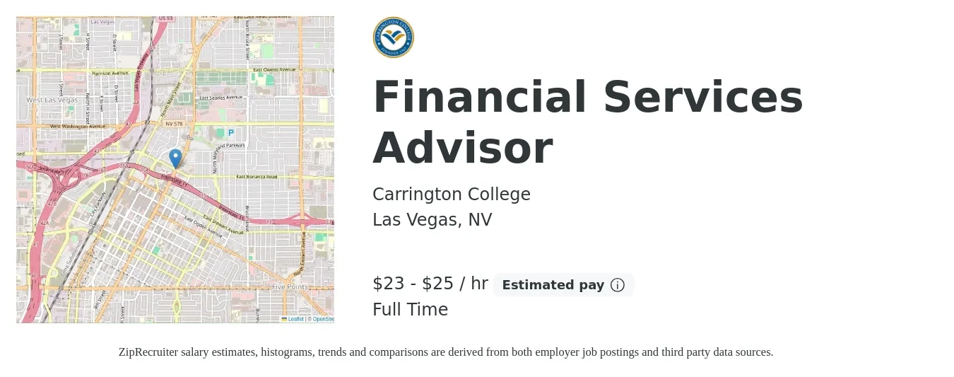 Carrington College job posting for a Financial Services Advisor in Las Vegas, NV with a salary of $24 to $26 Hourly with a map of Las Vegas location.