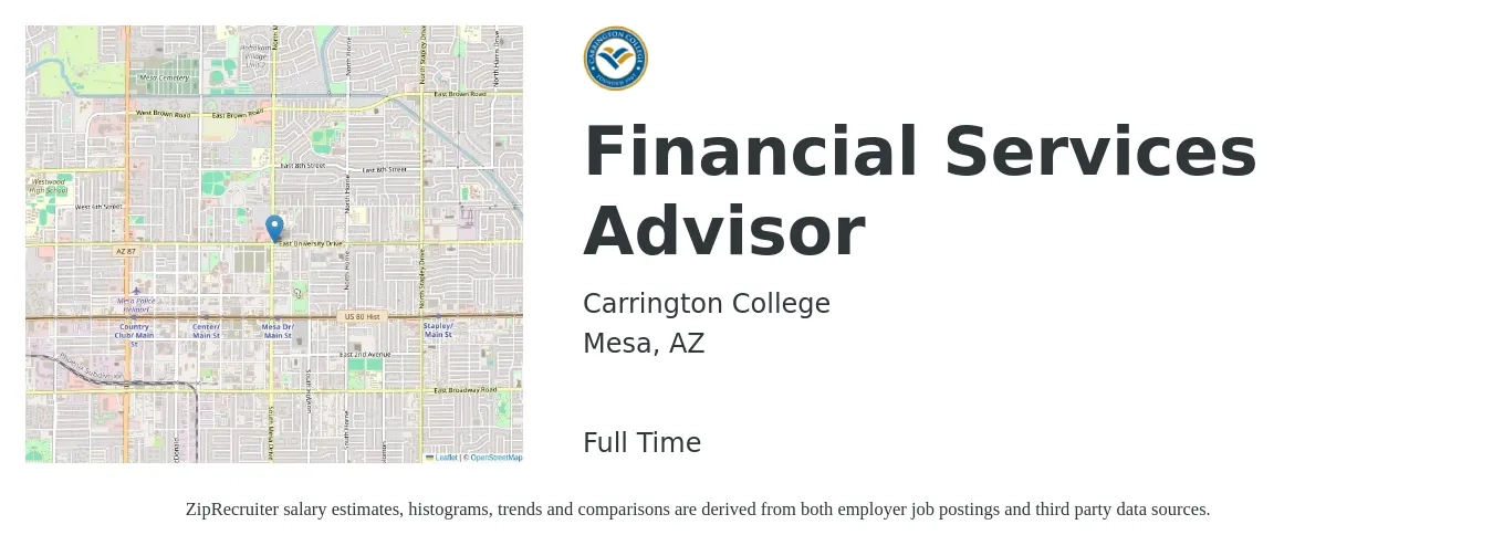 Carrington College job posting for a Financial Services Advisor in Mesa, AZ with a salary of $64,500 to $112,700 Yearly with a map of Mesa location.