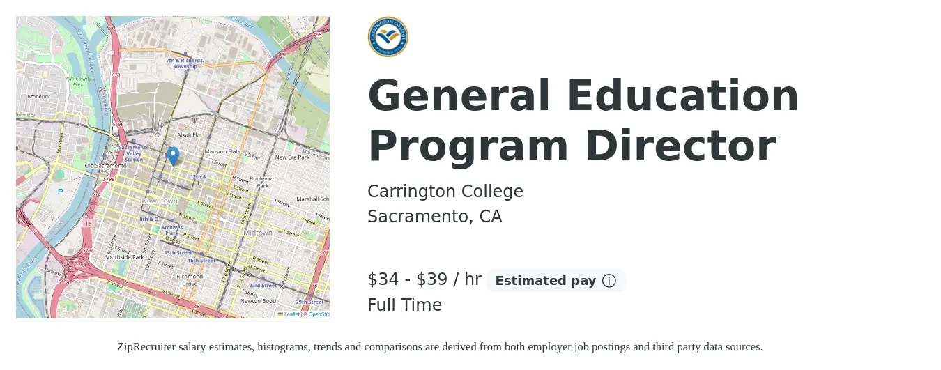 Carrington College job posting for a General Education Program Director in Sacramento, CA with a salary of $75,000 to $85,000 Yearly with a map of Sacramento location.
