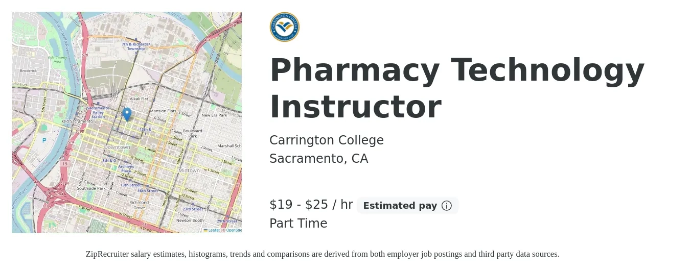 Carrington College job posting for a Pharmacy Technology Instructor in Sacramento, CA with a salary of $20 to $27 Hourly with a map of Sacramento location.