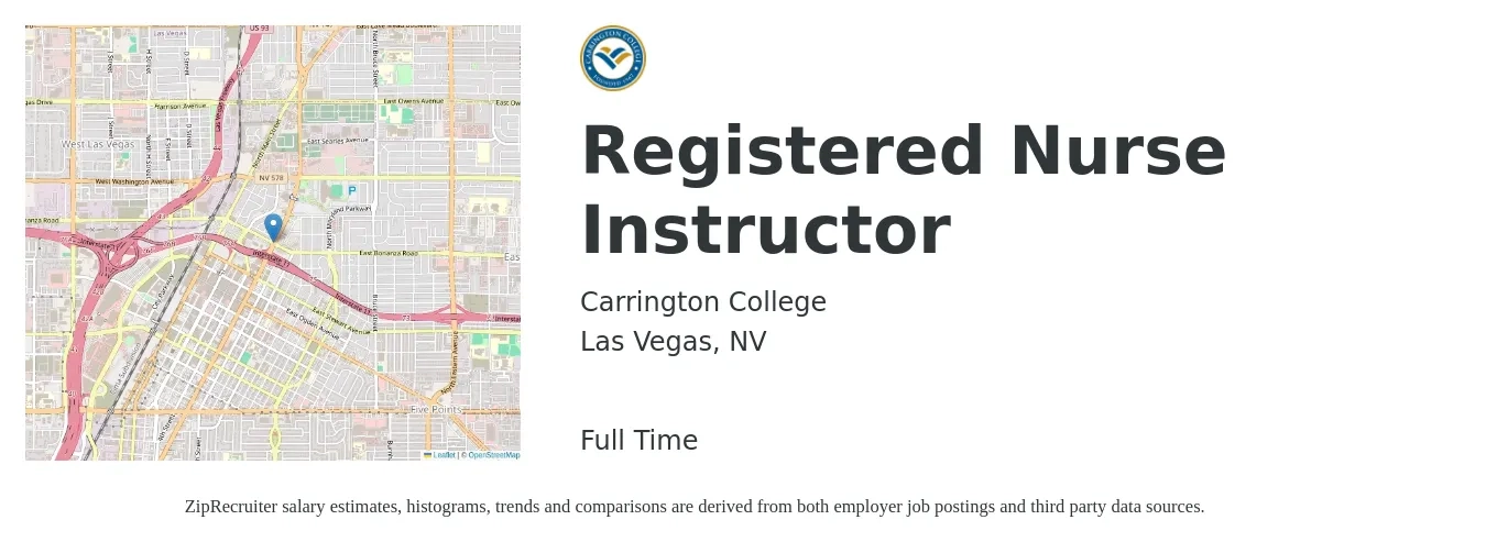 Carrington College job posting for a Registered Nurse Instructor in Las Vegas, NV with a salary of $85,000 to $95,000 Yearly with a map of Las Vegas location.