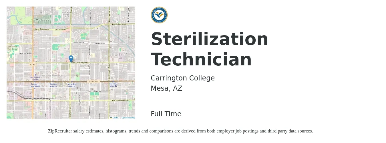 Carrington College job posting for a Sterilization Technician in Mesa, AZ with a salary of $14 to $18 Hourly with a map of Mesa location.