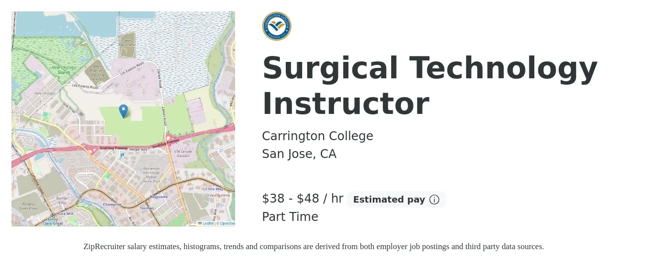 Carrington College job posting for a Surgical Technology Instructor in San Jose, CA with a salary of $40 to $50 Hourly with a map of San Jose location.