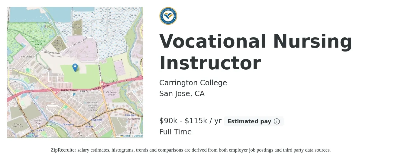 Carrington College job posting for a Vocational Nursing Instructor in San Jose, CA with a salary of $90,000 to $115,000 Yearly with a map of San Jose location.