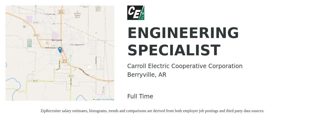 Carroll Electric Cooperative Corporation job posting for a ENGINEERING SPECIALIST in Berryville, AR with a salary of $45,300 to $66,900 Yearly with a map of Berryville location.
