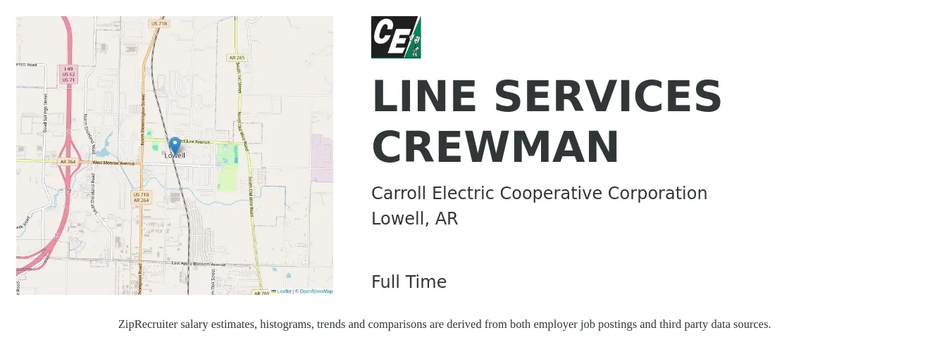 Carroll Electric Cooperative Corporation job posting for a LINE SERVICES CREWMAN in Lowell, AR with a salary of $15 to $19 Hourly with a map of Lowell location.