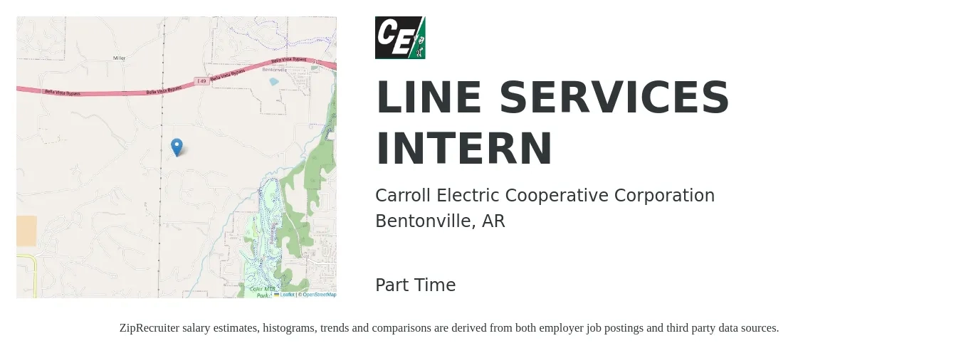 Carroll Electric Cooperative Corporation job posting for a LINE SERVICES INTERN in Bentonville, AR with a salary of $13 to $19 Hourly with a map of Bentonville location.