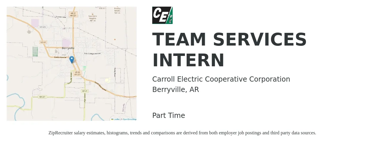 Carroll Electric Cooperative Corporation job posting for a TEAM SERVICES INTERN in Berryville, AR with a salary of $12 to $16 Hourly with a map of Berryville location.