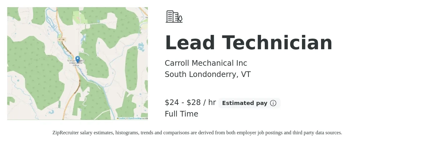 Carroll Mechanical Inc job posting for a Lead Technician in South Londonderry, VT with a salary of $25 to $30 Hourly and benefits including pto with a map of South Londonderry location.