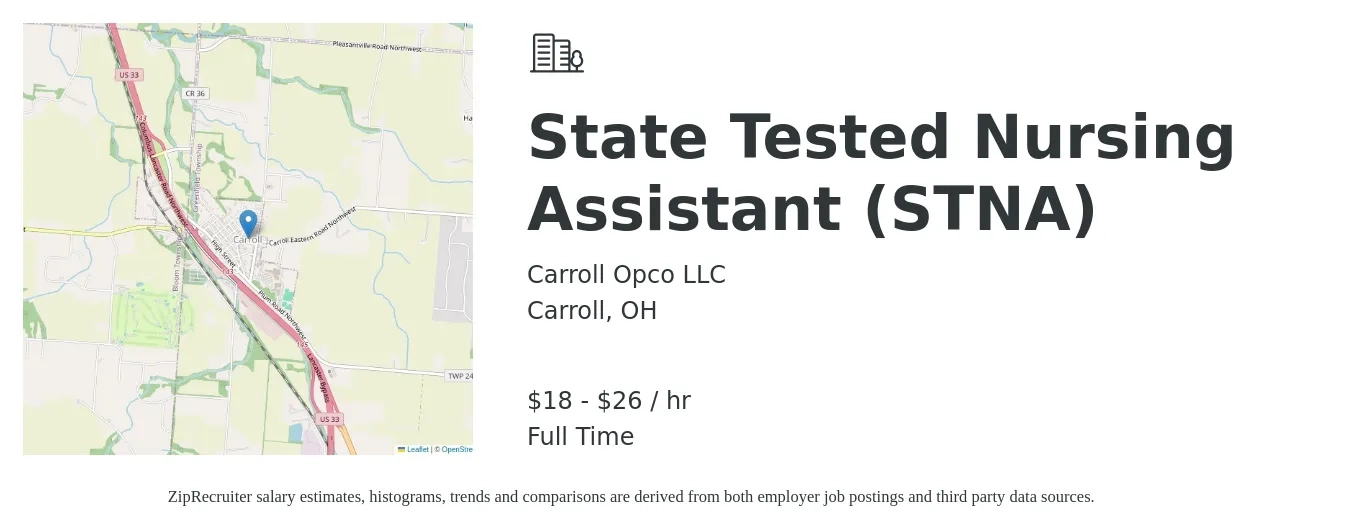 Carroll Opco LLC job posting for a State Tested Nursing Assistant (STNA) in Carroll, OH with a salary of $19 to $27 Hourly with a map of Carroll location.