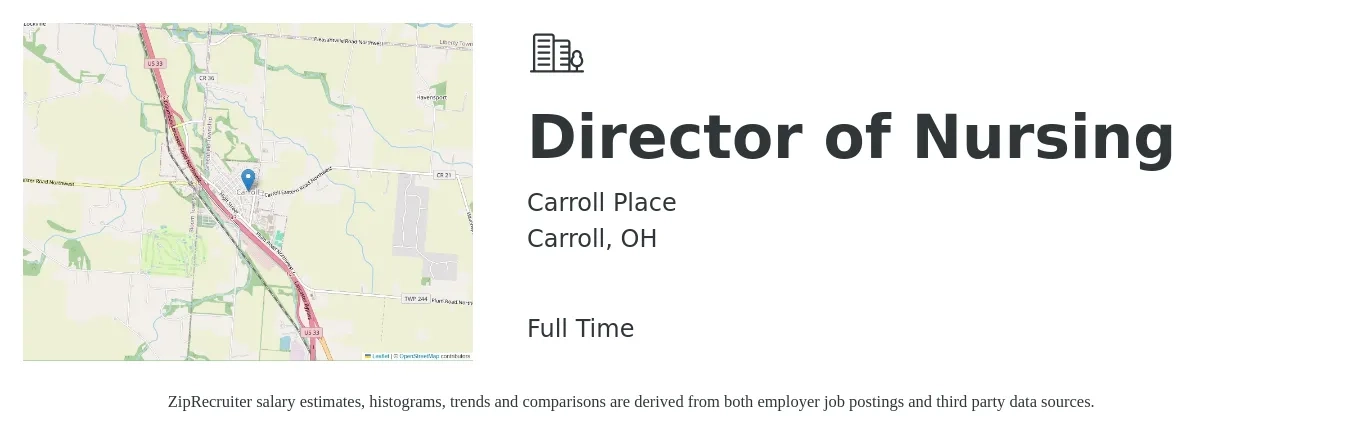 Carroll Place job posting for a Director of Nursing in Carroll, OH with a salary of $77,000 to $116,400 Yearly with a map of Carroll location.