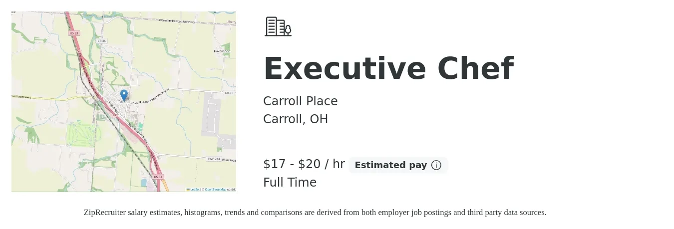 Carroll Place job posting for a Executive Chef in Carroll, OH with a salary of $18 to $21 Hourly with a map of Carroll location.