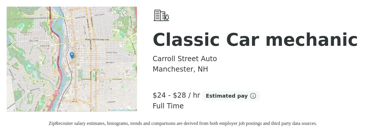 Carroll Street Auto job posting for a Classic Car mechanic in Manchester, NH with a salary of $25 to $30 Hourly with a map of Manchester location.