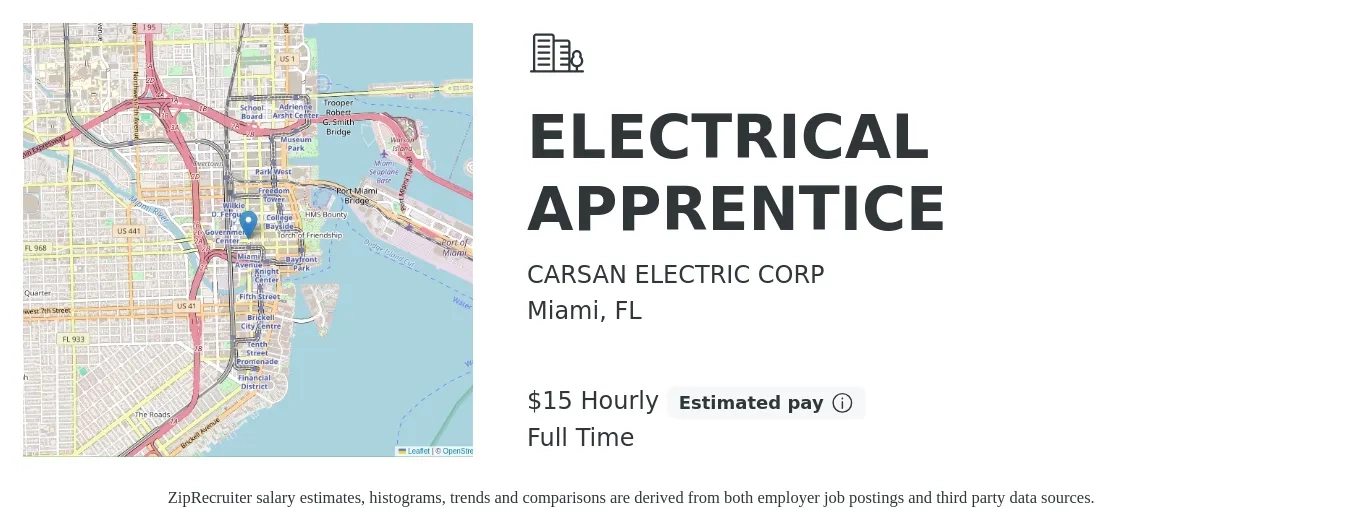 CARSAN ELECTRIC CORP job posting for a ELECTRICAL APPRENTICE in Miami, FL with a salary of $16 Hourly with a map of Miami location.