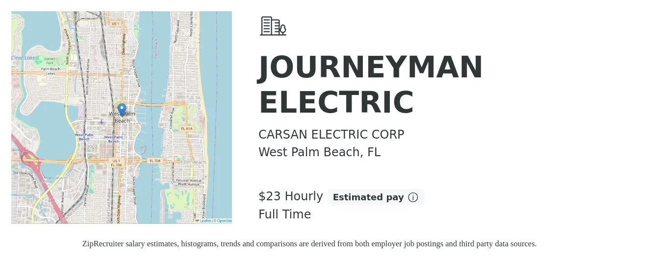 CARSAN ELECTRIC CORP job posting for a JOURNEYMAN ELECTRIC in West Palm Beach, FL with a salary of $24 Hourly with a map of West Palm Beach location.