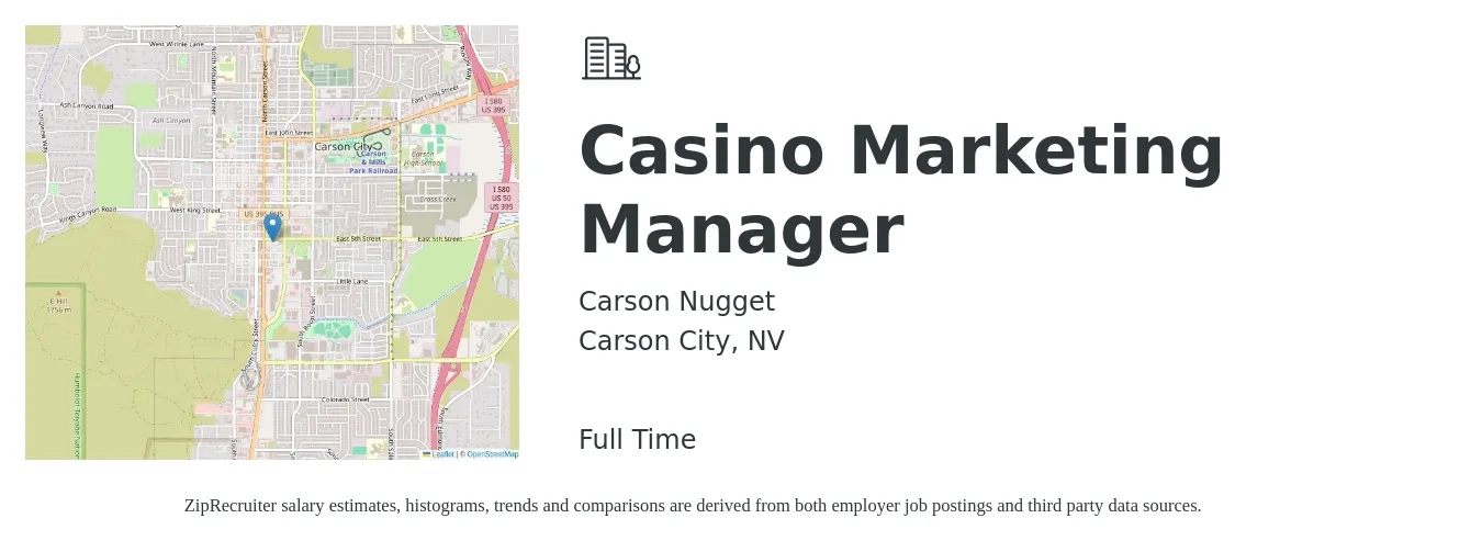 Carson Nugget job posting for a Casino Marketing Manager in Carson City, NV with a salary of $18 to $33 Hourly with a map of Carson City location.