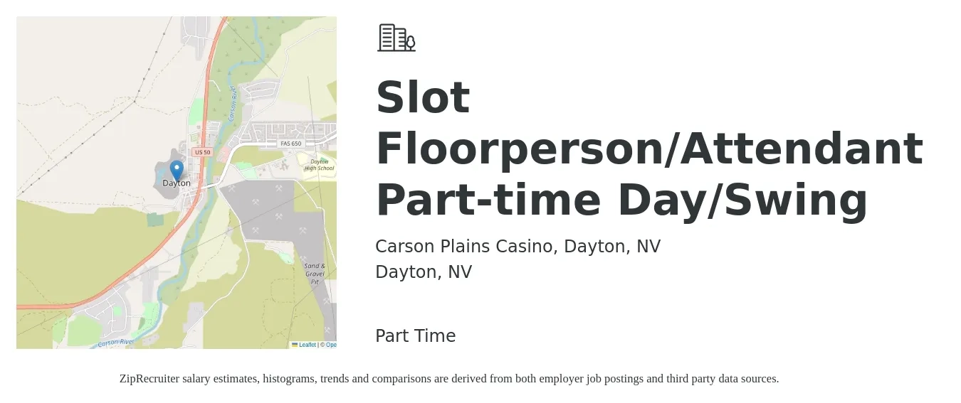 Carson Plains Casino, Dayton, NV job posting for a Slot Floorperson/Attendant Part-time Day/Swing in Dayton, NV with a salary of $12 to $16 Hourly with a map of Dayton location.