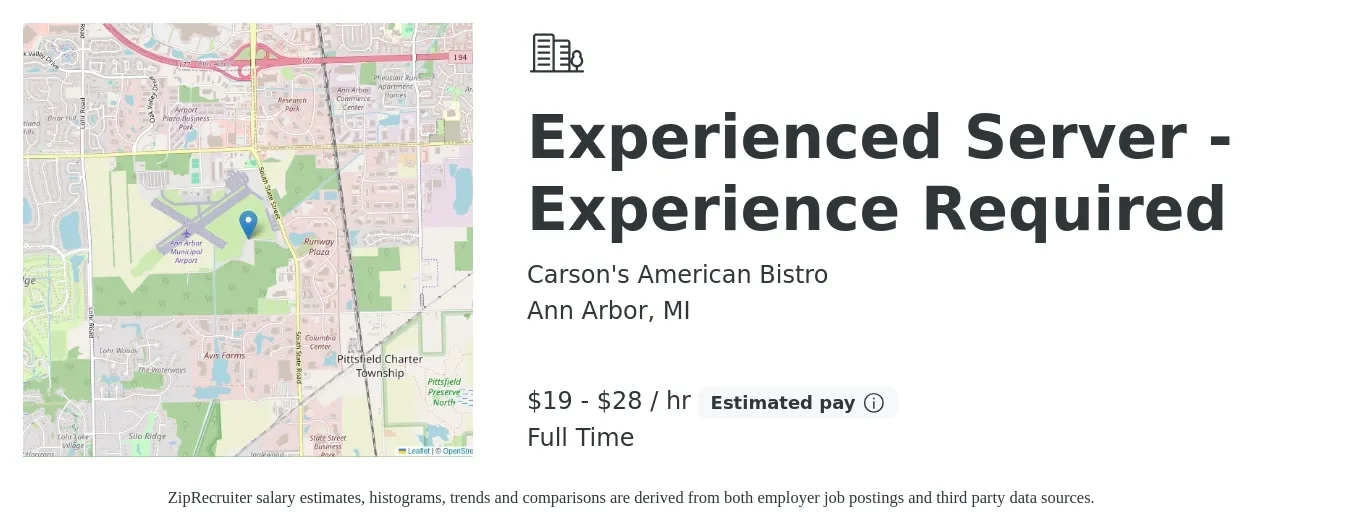 Carson's American Bistro job posting for a Experienced Server - Experience Required in Ann Arbor, MI with a salary of $20 to $30 Hourly with a map of Ann Arbor location.