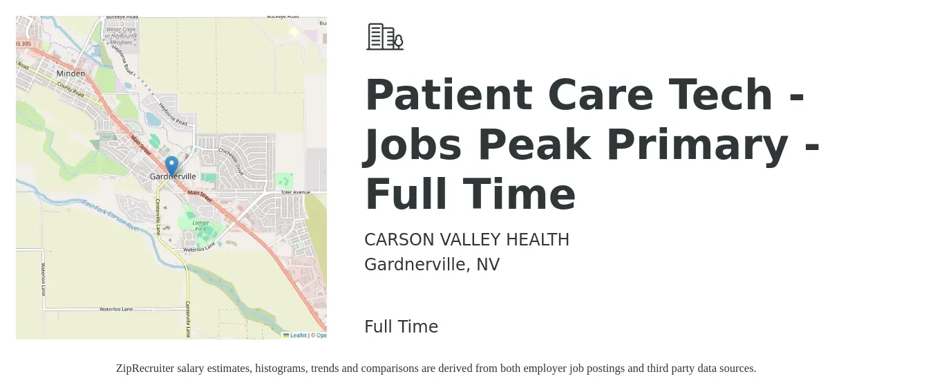 CARSON VALLEY HEALTH job posting for a Patient Care Tech - Jobs Peak Primary - Full Time in Gardnerville, NV with a salary of $17 to $21 Hourly with a map of Gardnerville location.