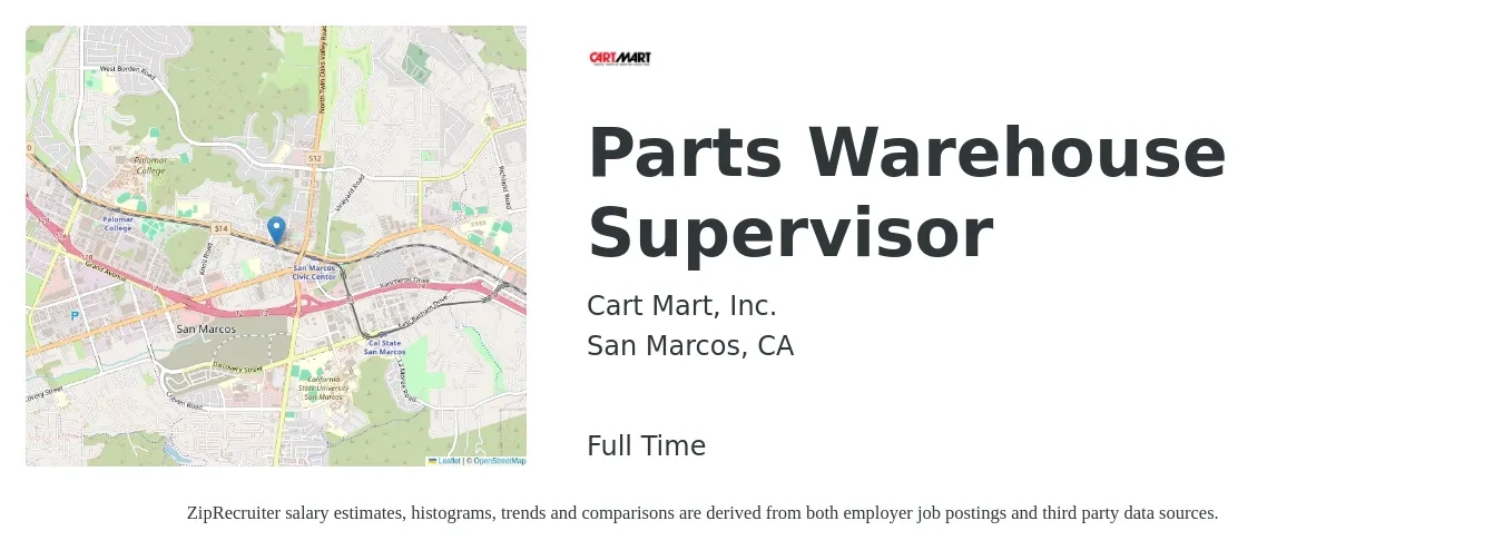 Cart Mart, Inc. job posting for a Parts Warehouse Supervisor in San Marcos, CA with a salary of $21 to $22 Hourly with a map of San Marcos location.