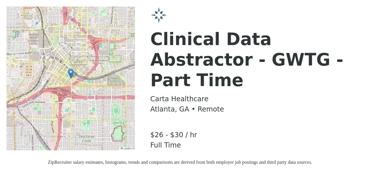 Carta Healthcare job posting for a Clinical Data Abstractor - GWTG - Part Time in Atlanta, GA with a salary of $28 to $32 Hourly with a map of Atlanta location.
