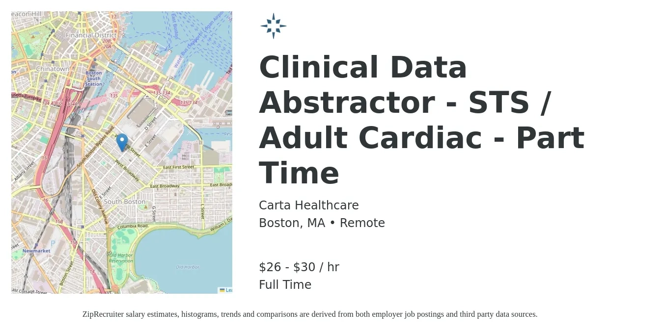 Carta Healthcare job posting for a Clinical Data Abstractor - STS / Adult Cardiac - Part Time in Boston, MA with a salary of $28 to $32 Hourly with a map of Boston location.