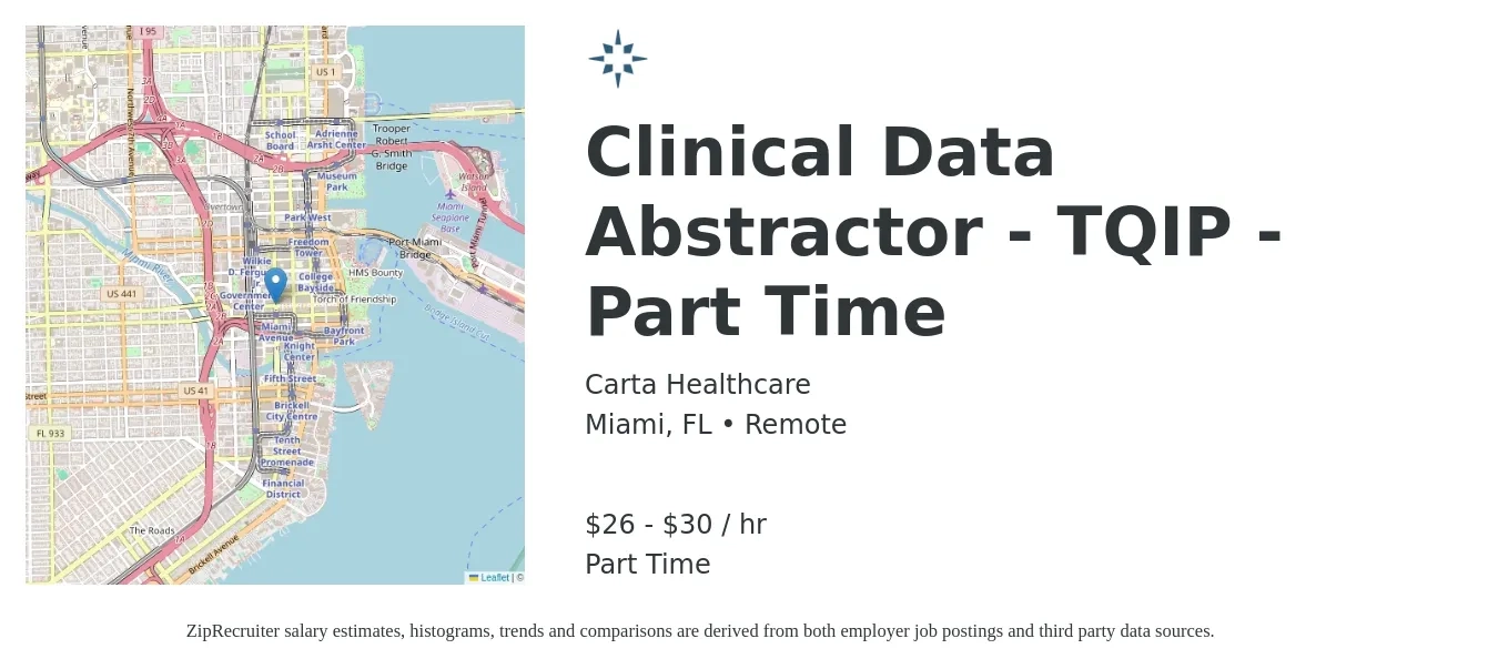 Carta Healthcare job posting for a Clinical Data Abstractor - TQIP - Part Time in Miami, FL with a salary of $28 to $32 Hourly with a map of Miami location.