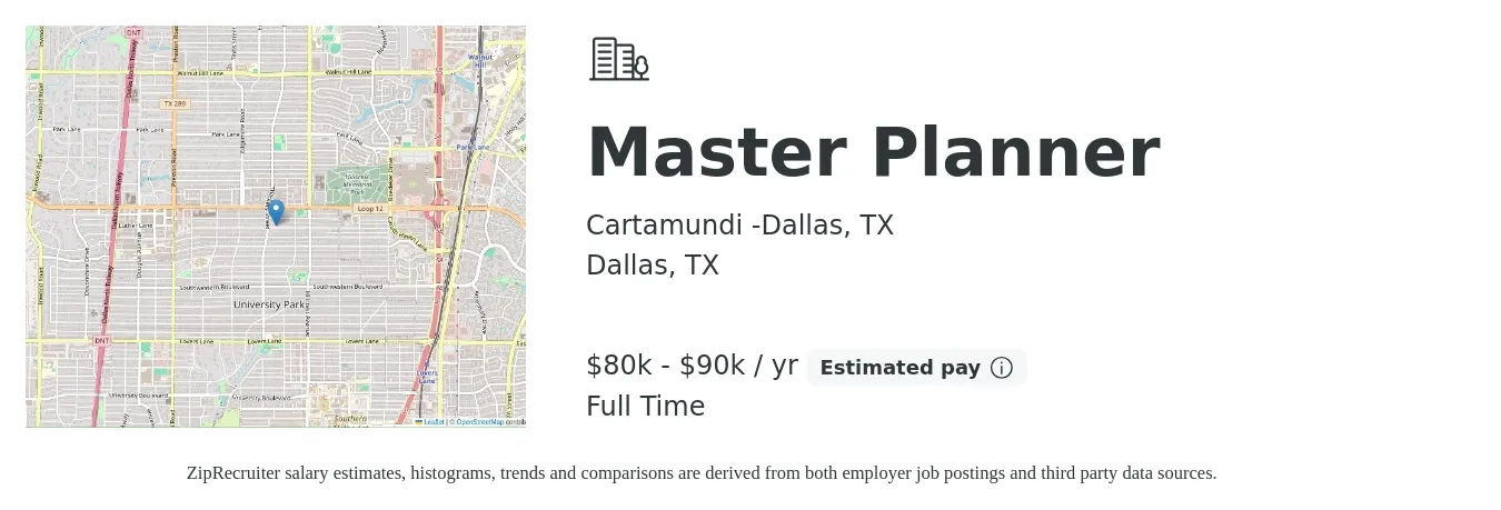 Cartamundi Dallas, TX job posting for a Master Planner in Dallas, TX with a salary of $80,000 to $90,000 Yearly with a map of Dallas location.