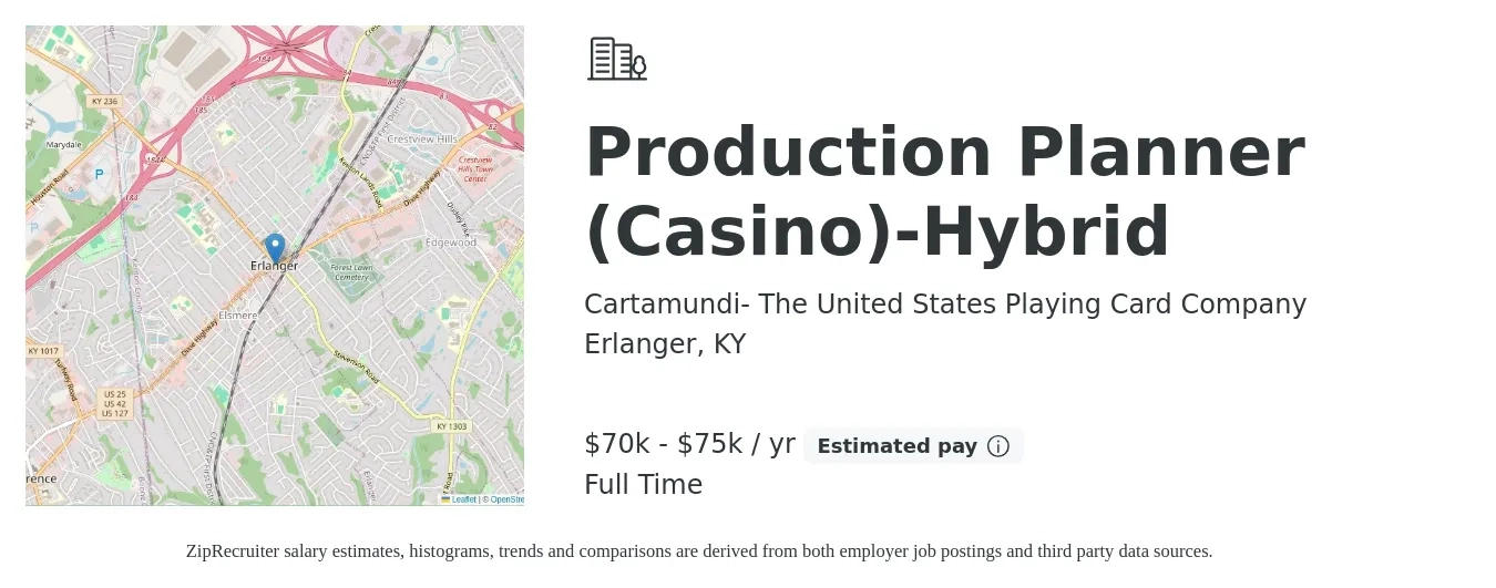 Cartamundi- The United States Playing Card Company job posting for a Production Planner (Casino)-Hybrid in Erlanger, KY with a salary of $70,000 to $75,000 Yearly with a map of Erlanger location.