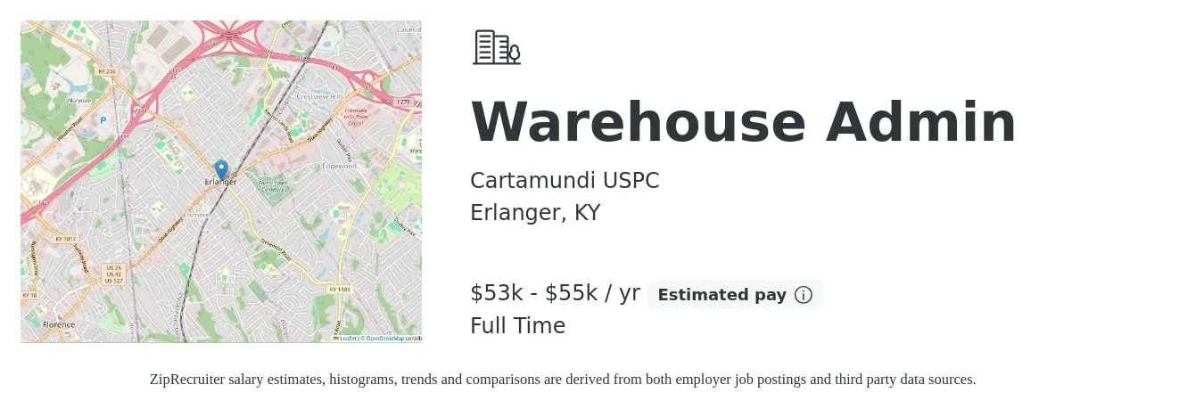 Cartamundi USPC job posting for a Warehouse Admin in Erlanger, KY with a salary of $53,000 to $55,000 Yearly with a map of Erlanger location.