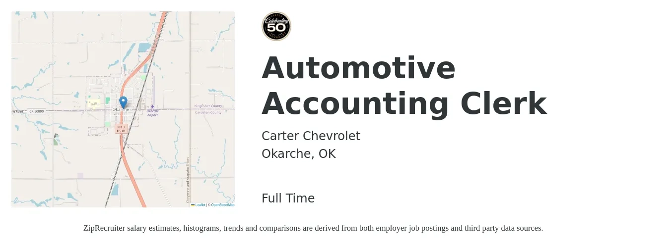 Carter Chevrolet job posting for a Automotive Accounting Clerk in Okarche, OK with a salary of $14 to $18 Hourly with a map of Okarche location.