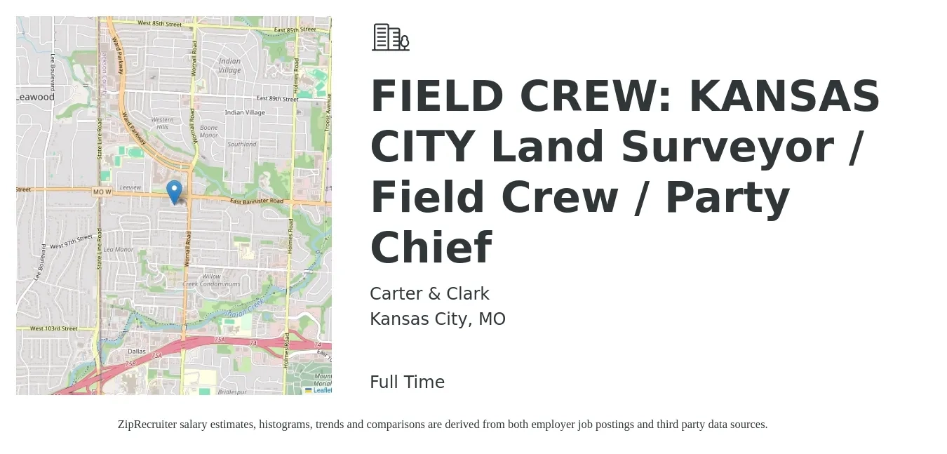 Carter & Clark job posting for a FIELD CREW: KANSAS CITY Land Surveyor / Field Crew / Party Chief in Kansas City, MO with a salary of $100,000 to $150,000 Yearly with a map of Kansas City location.