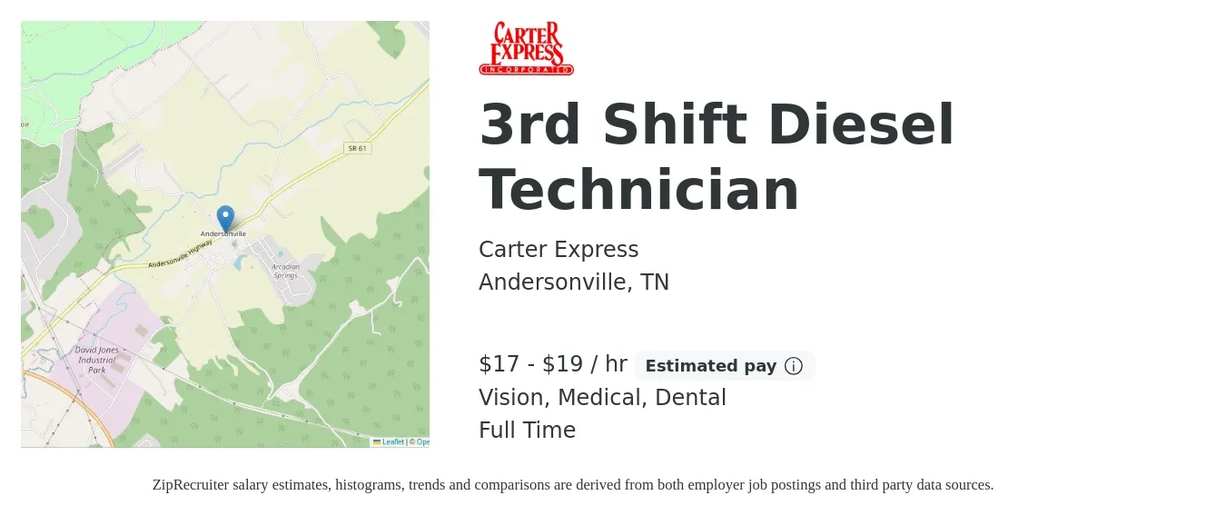 Carter Express job posting for a 3rd Shift Diesel Technician in Andersonville, TN with a salary of $18 to $20 Hourly and benefits including vision, dental, life_insurance, medical, and retirement with a map of Andersonville location.