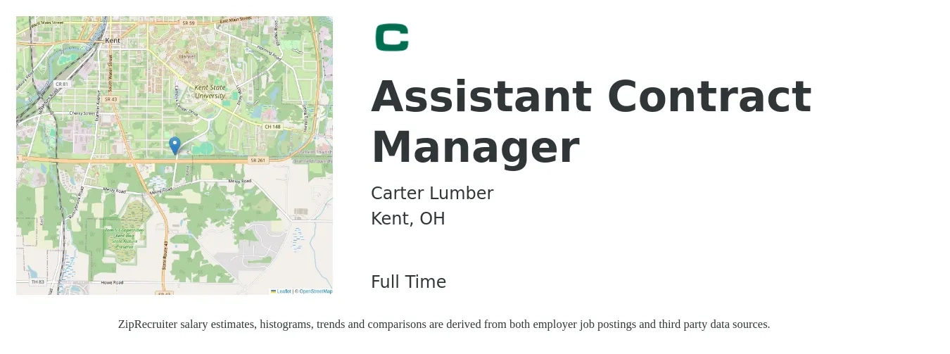 Carter Lumber job posting for a Assistant Contract Manager in Kent, OH with a salary of $19 to $27 Hourly with a map of Kent location.