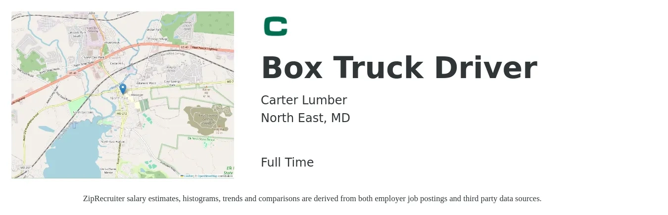 Carter Lumber job posting for a Box Truck Driver in North East, MD with a salary of $18 to $22 Hourly with a map of North East location.
