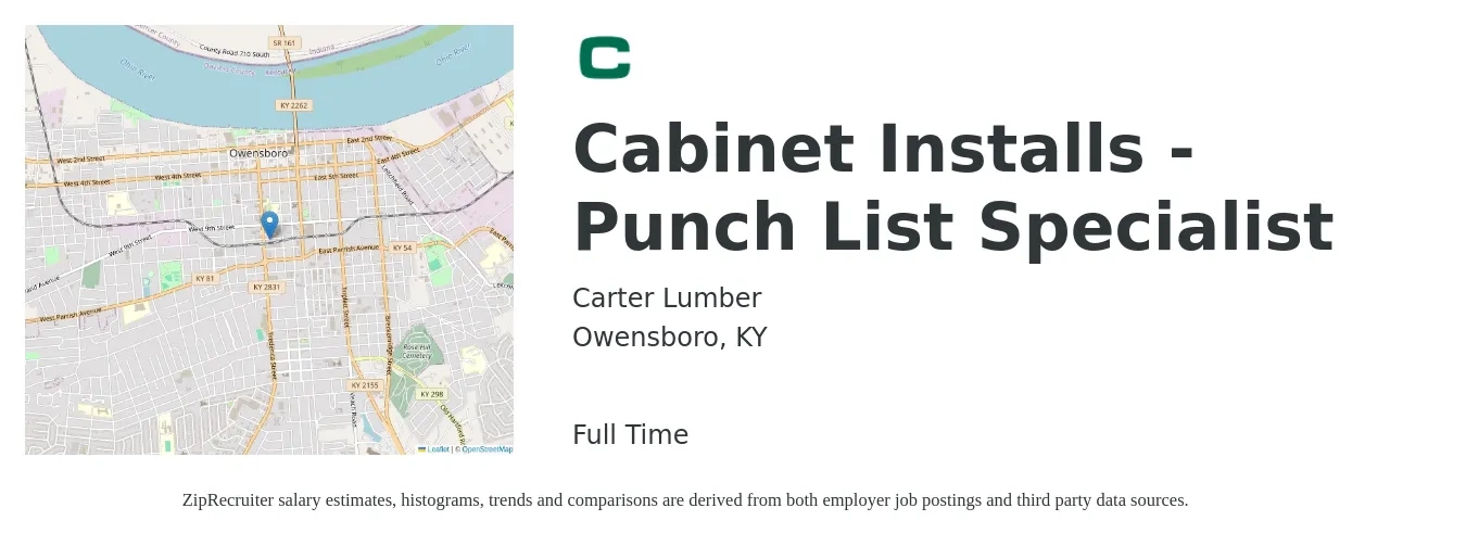Carter Lumber job posting for a Cabinet Installs - Punch List Specialist in Owensboro, KY with a salary of $17 to $23 Hourly with a map of Owensboro location.