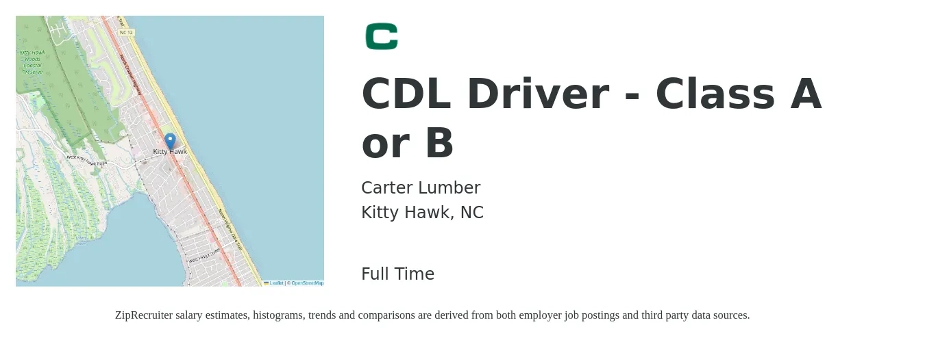 Carter Lumber job posting for a CDL Driver - Class A or B in Kitty Hawk, NC with a salary of $23 to $39 Hourly with a map of Kitty Hawk location.