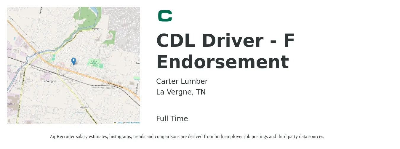Carter Lumber job posting for a CDL Driver - F Endorsement in La Vergne, TN with a salary of $24 to $41 Hourly with a map of La Vergne location.