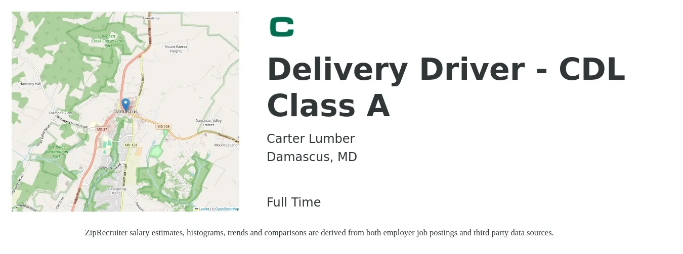 Carter Lumber job posting for a Delivery Driver - CDL Class A in Damascus, MD with a salary of $26 to $46 Hourly with a map of Damascus location.