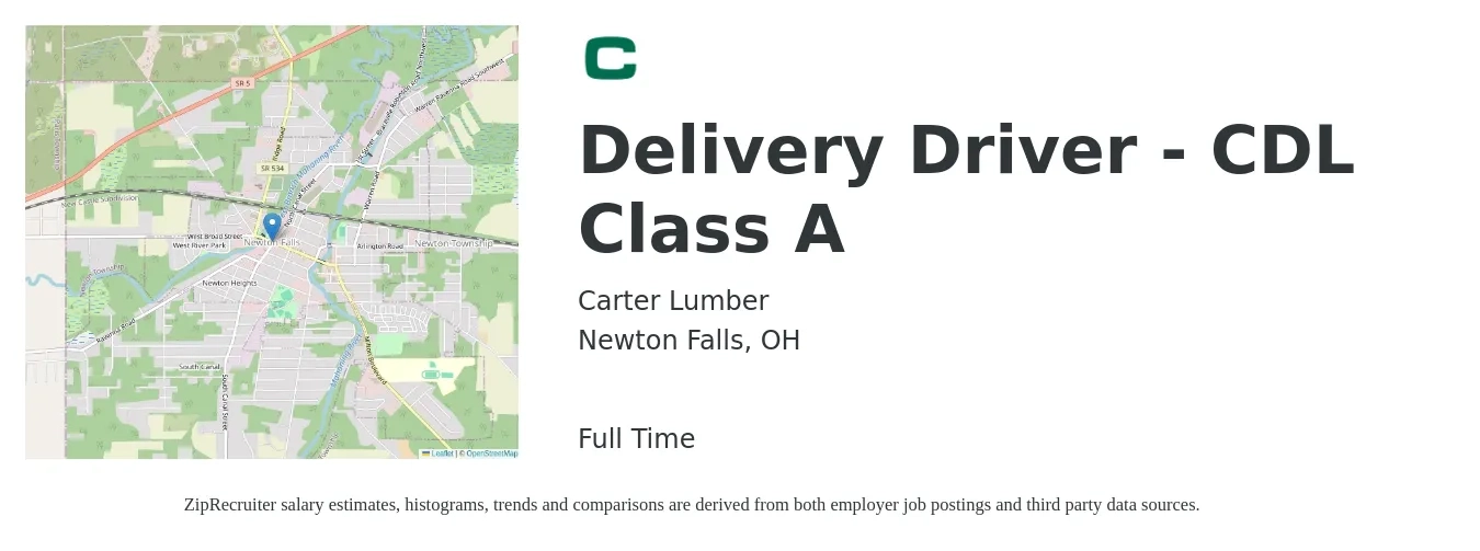 Carter Lumber job posting for a Delivery Driver - CDL Class A in Newton Falls, OH with a salary of $20 to $34 Hourly with a map of Newton Falls location.