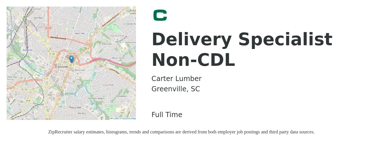 Carter Lumber job posting for a Delivery Specialist Non-CDL in Greenville, SC with a salary of $18 to $20 Hourly with a map of Greenville location.
