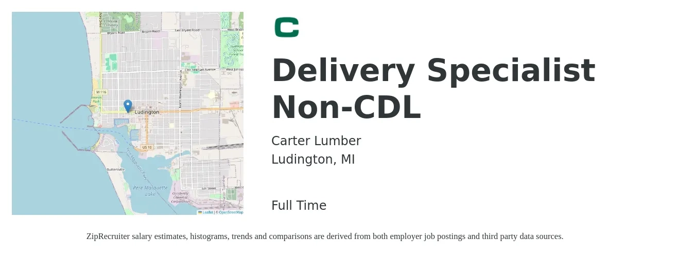 Carter Lumber job posting for a Delivery Specialist Non-CDL in Ludington, MI with a salary of $13 to $20 Hourly with a map of Ludington location.